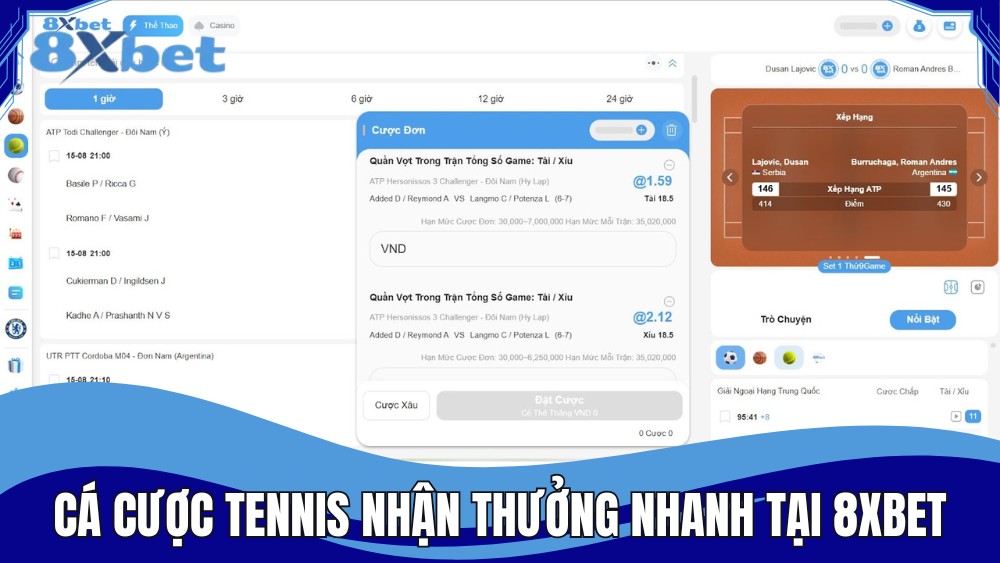 Cá cược tennis nhận thưởng nhanh tại 8XBET