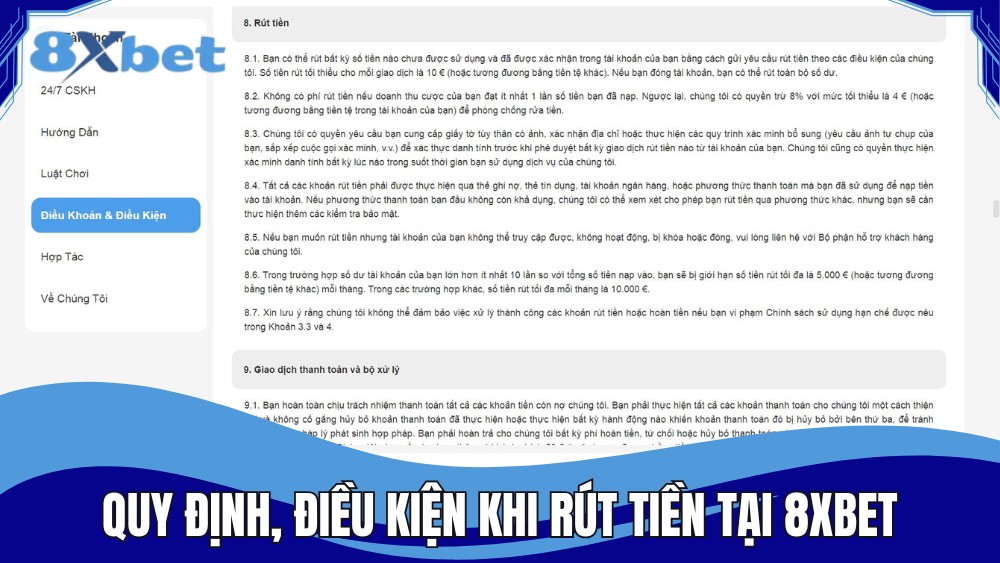 Tuân thủ quy định, điều kiện khi rút tiền tại 8XBET
